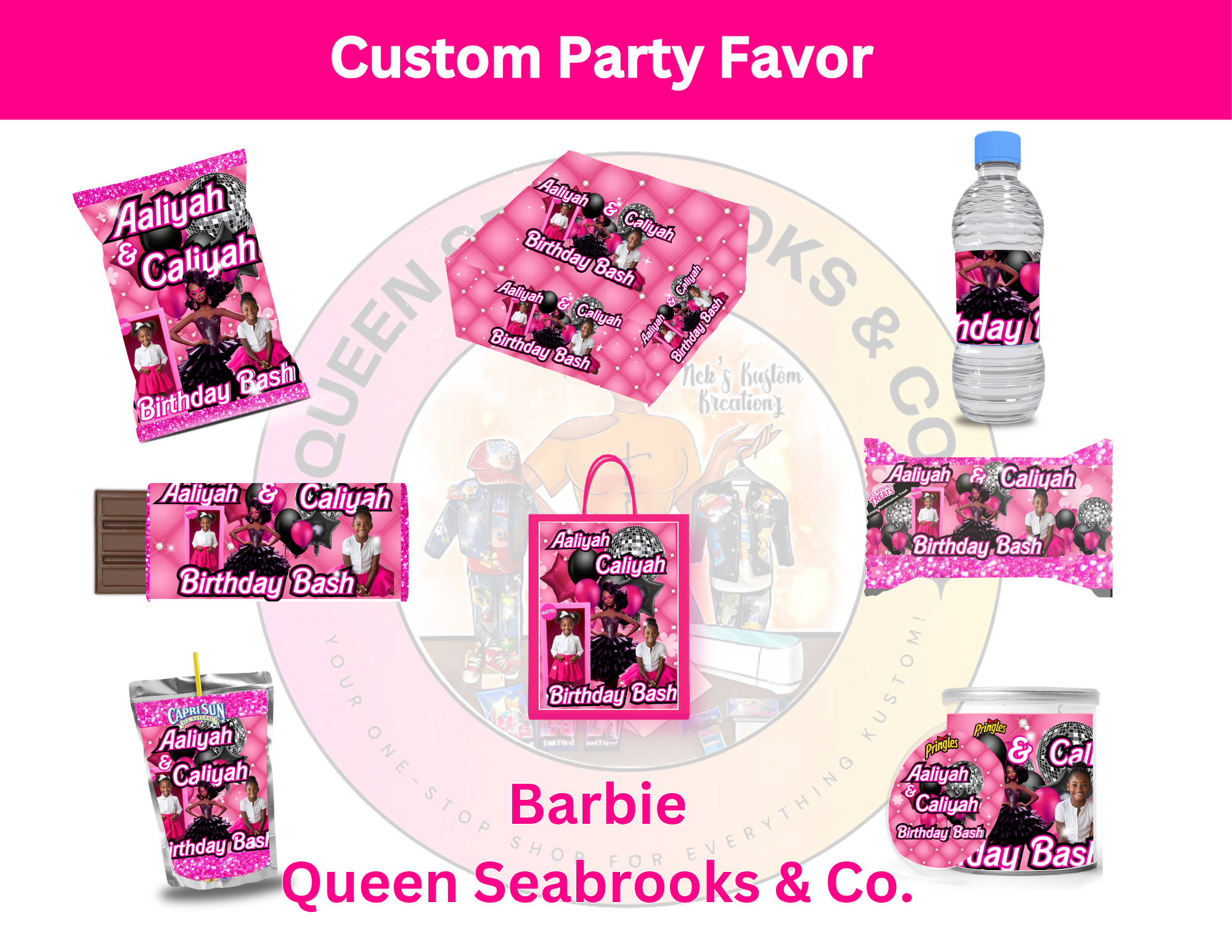 Pink Doll Glam Birthday Party Favor Templates | Editable Canva Bundle