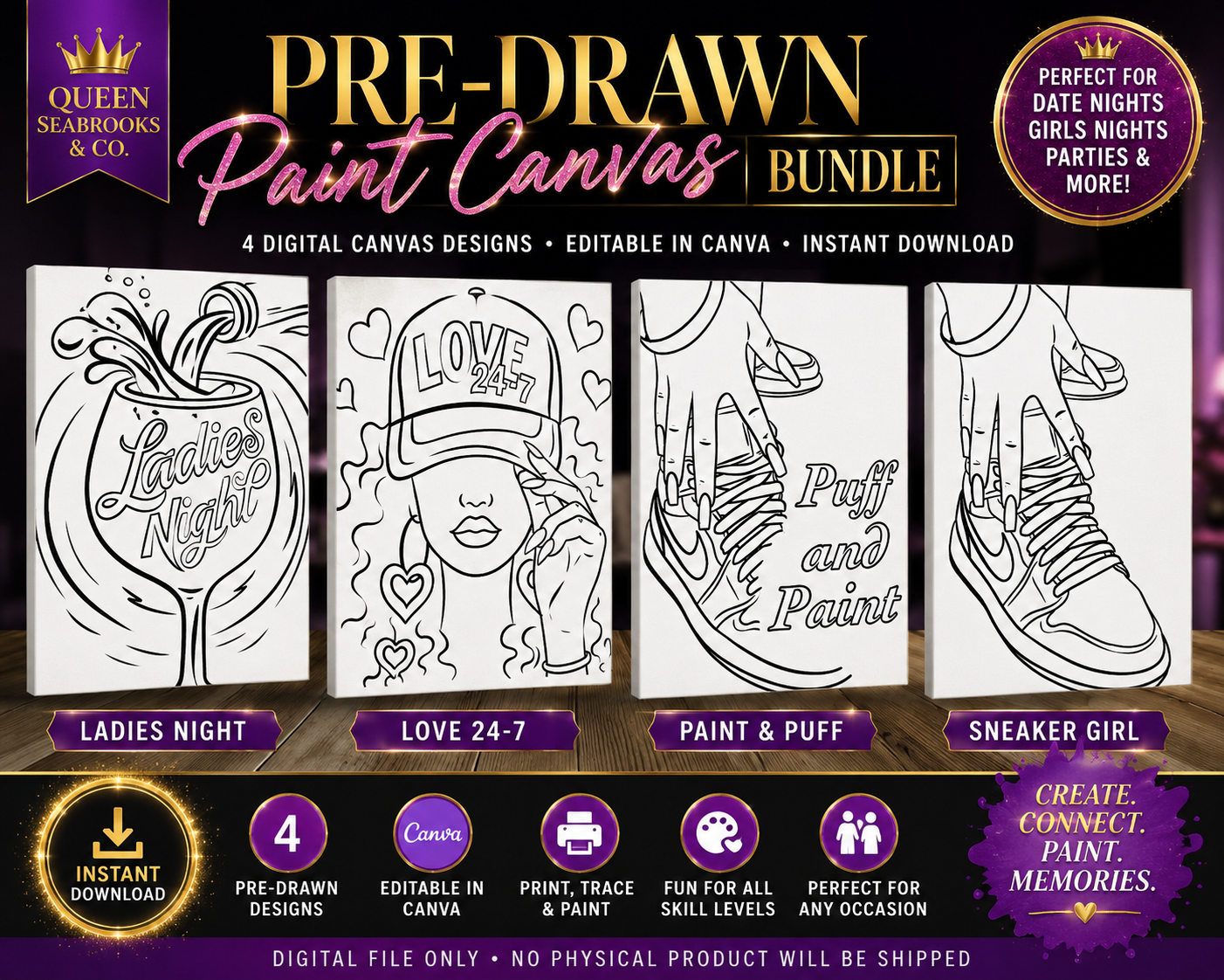Pre-Drawn Paint Canvas Bundle | Editable Canva Template | Date Night & Girls Night Paint Party Digital Download