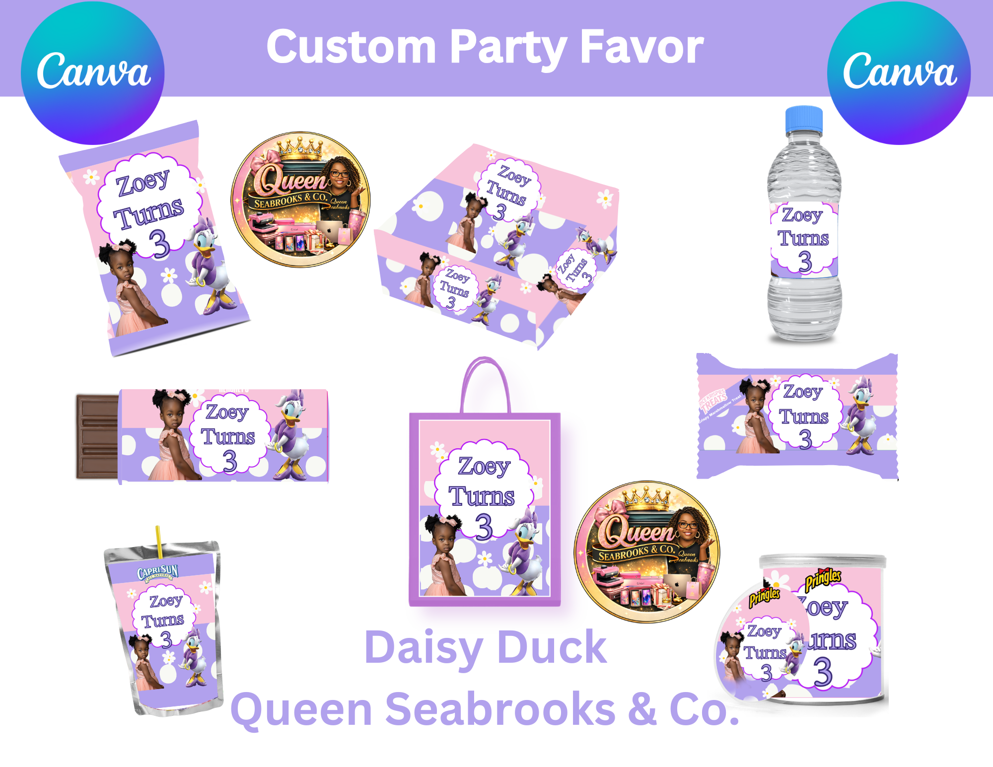 Pink Duck Girl Birthday Party Favor Templates | Editable Canva