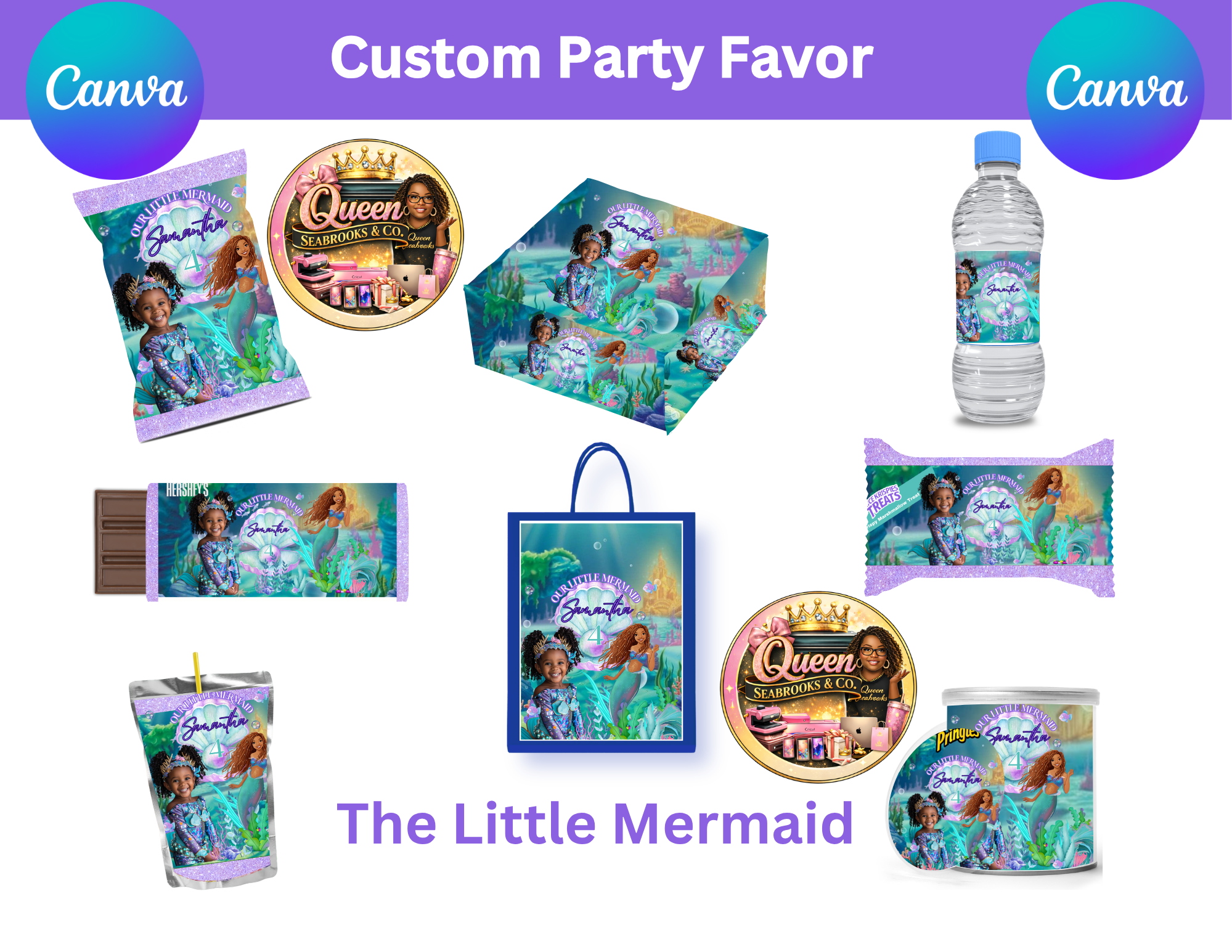 Mermaid Birthday Party Favor Templates | Editable Canva Bundle