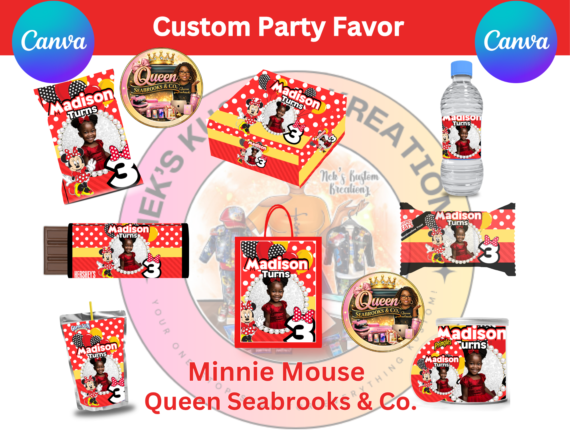 Pink Mouse Girl Birthday Party Favor Templates | Editable Canva